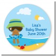 Beach Baby African American Boy - Round Personalized Baby Shower Sticker Labels thumbnail