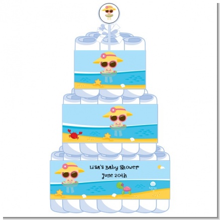 Beach Baby Girl - Personalized Baby Shower Diaper Cake 3 Tier