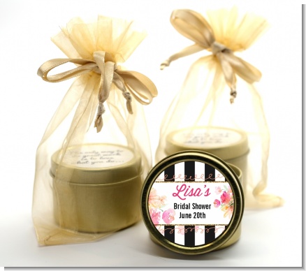 Black And White Stripe Floral Watercolor - Bridal Shower Gold Tin Candle Favors