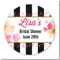 Black And White Stripe Floral Watercolor - Round Personalized Bridal Shower Sticker Labels