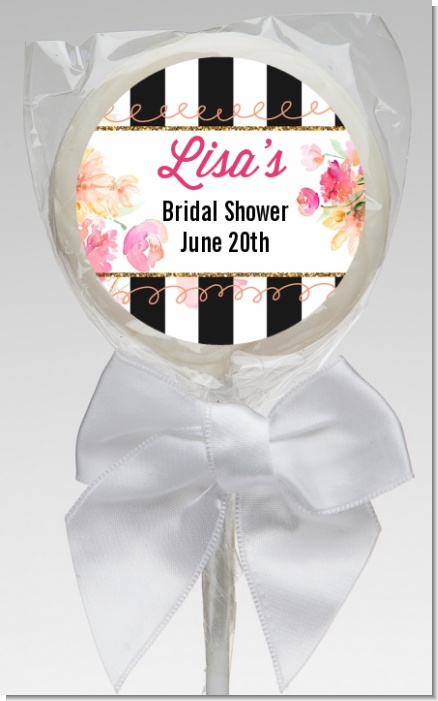 Black And White Stripe Floral Watercolor - Personalized Bridal Shower Lollipop Favors