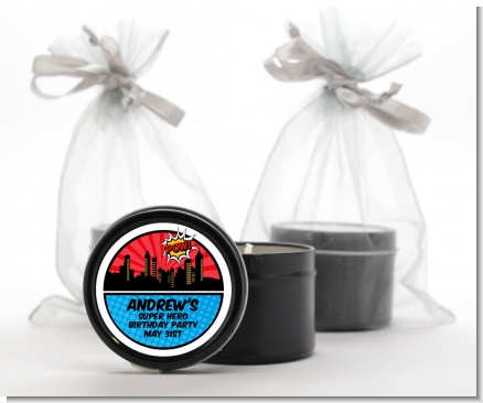 Calling All Superheroes - Birthday Party Black Candle Tin Favors
