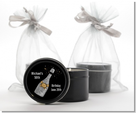 Champagne Gold Silver Faux Glitter - Birthday Party Black Candle Tin Favors