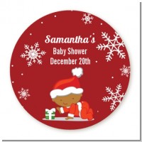Christmas Baby Snowflakes African American - Round Personalized Baby Shower Sticker Labels