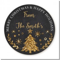 Christmas Tree Gold Glitter - Round Personalized Christmas Sticker Labels