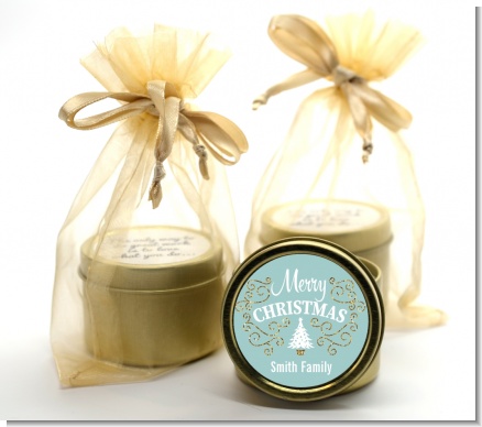 Christmas Tree with Glitter Scrolls - Christmas Gold Tin Candle Favors