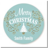 Christmas Tree with Glitter Scrolls - Round Personalized Christmas Sticker Labels