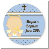 Angel Baby Boy Caucasian - Round Personalized Baptism / Christening Sticker Labels