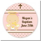 Angel Baby Girl Caucasian - Round Personalized Baptism / Christening Sticker Labels
