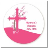 Cross Cherry Blossom - Round Personalized Baptism / Christening Sticker Labels