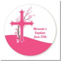 Cross Cherry Blossom - Round Personalized Baptism / Christening Sticker Labels