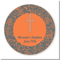 Cross Grey & Orange - Round Personalized Baptism / Christening Sticker Labels