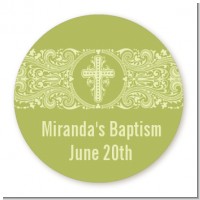 Cross Sage Green - Round Personalized Baptism / Christening Sticker Labels