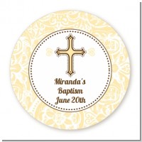 Cross Yellow & Brown - Round Personalized Baptism / Christening Sticker Labels