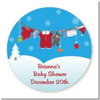 Clothesline Christmas - Round Personalized Baby Shower Sticker Labels