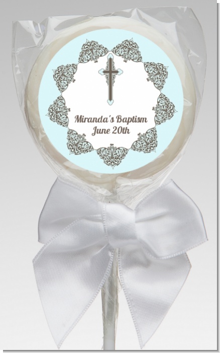 Cross Blue & Brown - Personalized Baptism / Christening Lollipop Favors