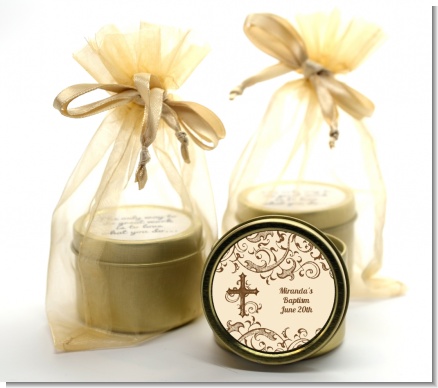 Cross Brown & Beige - Baptism / Christening Gold Tin Candle Favors