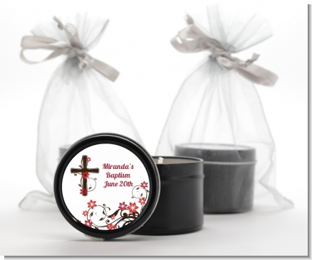 Cross Floral Blossom - Baptism / Christening Black Candle Tin Favors