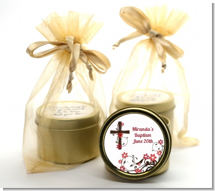 Cross Floral Blossom - Baptism / Christening Gold Tin Candle Favors