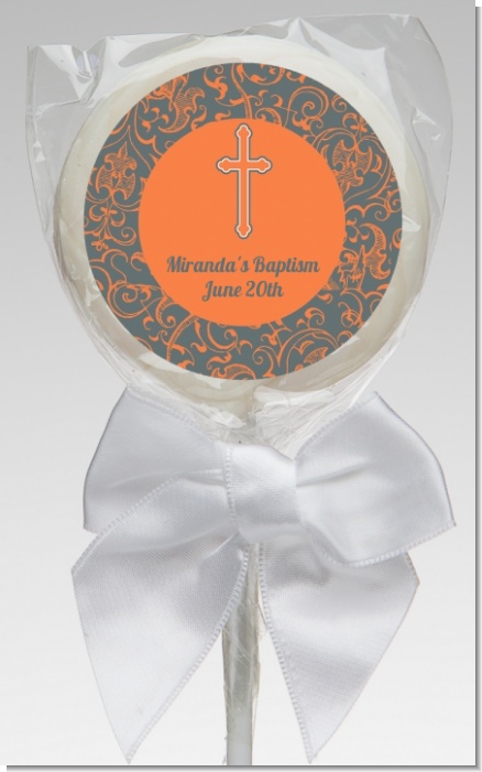 Cross Grey & Orange - Personalized Baptism / Christening Lollipop Favors