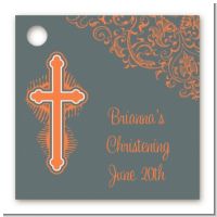 Cross Grey & Orange - Personalized Baptism / Christening Card Stock Favor Tags