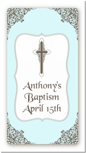 Cross Blue & Brown - Custom Rectangle Baptism / Christening Sticker/Labels