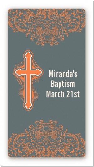 Cross Grey & Orange - Custom Rectangle Baptism / Christening Sticker/Labels
