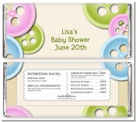 Cute As a Button - Personalized Baby Shower Candy Bar Wrappers