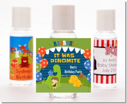 Dinosaur and Caveman - Personalized Birthday Party Hand Sanitizers Favors