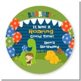 Dinosaur and Caveman - Round Personalized Birthday Party Sticker Labels
