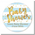 Faux Gold and Blue Stripes - Round Personalized Baby Shower Sticker Labels thumbnail