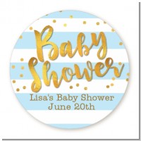 Faux Gold and Blue Stripes - Round Personalized Baby Shower Sticker Labels