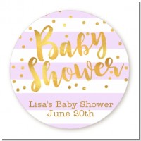 Faux Gold and Lavender Stripes - Round Personalized Baby Shower Sticker Labels