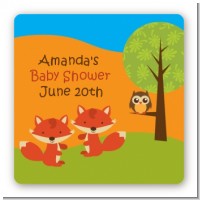 Forest Animals Twin Foxes - Square Personalized Baby Shower Sticker Labels