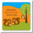 Forest Animals Twin Squirels - Square Personalized Baby Shower Sticker Labels thumbnail
