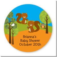Forest Animals Twin Squirels - Round Personalized Baby Shower Sticker Labels