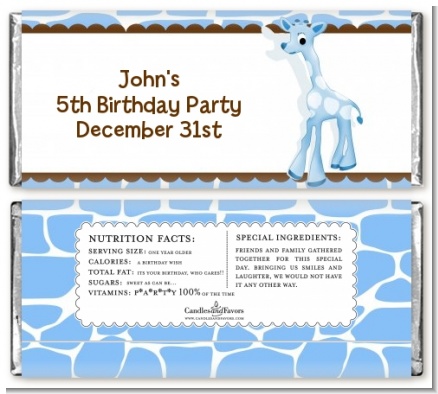 Giraffe Blue - Personalized Birthday Party Candy Bar Wrappers