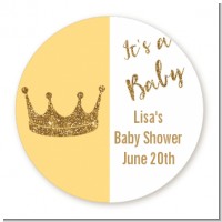 Gold Glitter Baby Crown - Round Personalized Baby Shower Sticker Labels