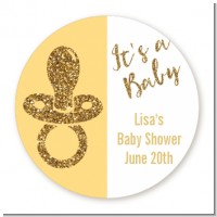 Gold Glitter Baby Pacifier - Round Personalized Baby Shower Sticker Labels