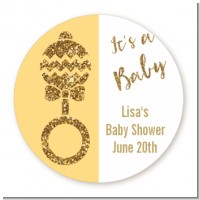 Gold Glitter Baby Rattle - Round Personalized Baby Shower Sticker Labels