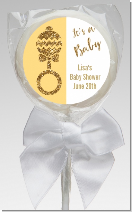 Gold Glitter Baby Rattle - Personalized Baby Shower Lollipop Favors