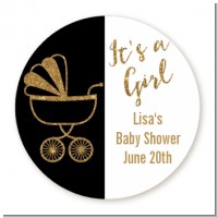 Gold Glitter Black Carriage - Round Personalized Baby Shower Sticker Labels
