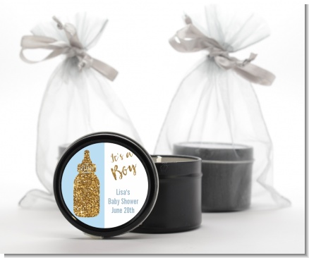 Gold Glitter Blue Baby Bottle - Baby Shower Black Candle Tin Favors