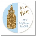 Gold Glitter Blue Baby Bottle - Round Personalized Baby Shower Sticker Labels thumbnail