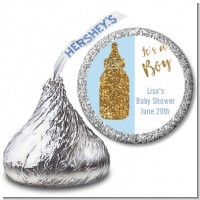 Gold Glitter Blue Baby Bottle - Hershey Kiss Baby Shower Sticker Labels