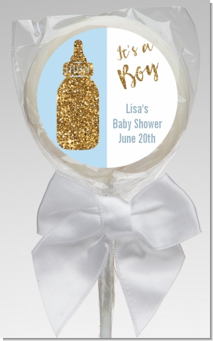 Gold Glitter Blue Baby Bottle - Personalized Baby Shower Lollipop Favors