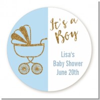 Gold Glitter Blue Carriage - Round Personalized Baby Shower Sticker Labels
