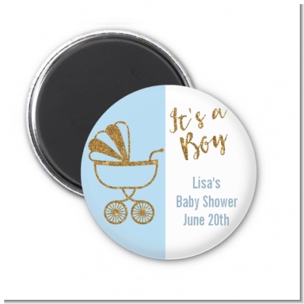 Gold Glitter Blue Carriage - Personalized Baby Shower Magnet Favors