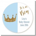 Gold Glitter Blue Crown - Round Personalized Baby Shower Sticker Labels thumbnail
