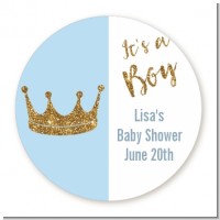 Gold Glitter Blue Crown - Round Personalized Baby Shower Sticker Labels